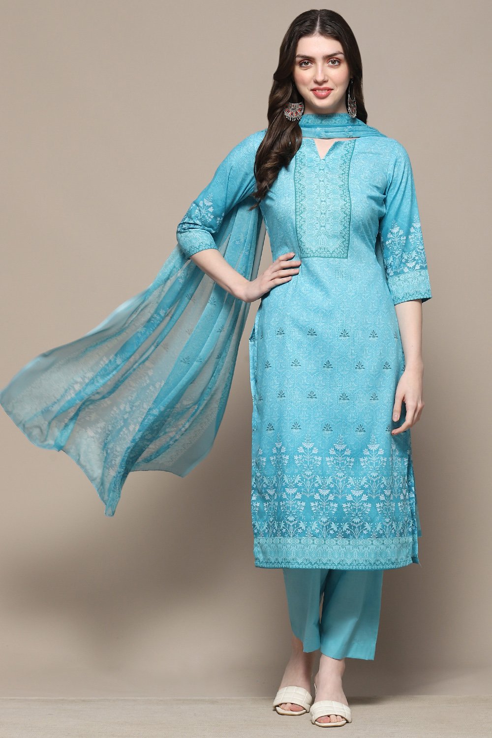 Blue Cotton Blend Digital Print Unstitched Suit Set image number 8