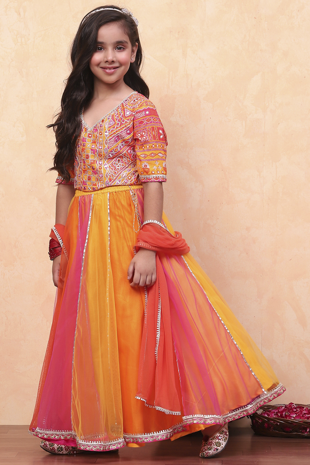 Yellow and Pink Embellished Festive Flared Lehenga Set image number 3