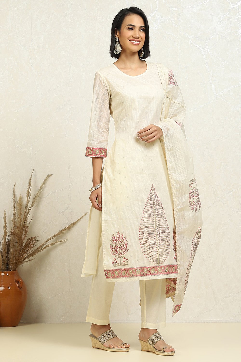 White Cotton Blend Hand Block Print Unstitched Suit Set image number 6