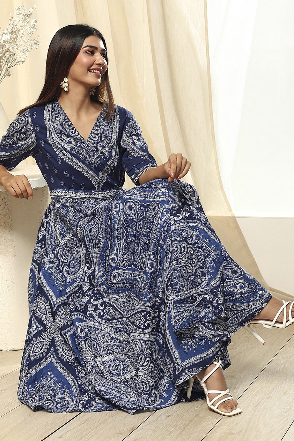 Indigo Cotton Flared Printed Dress image number 6