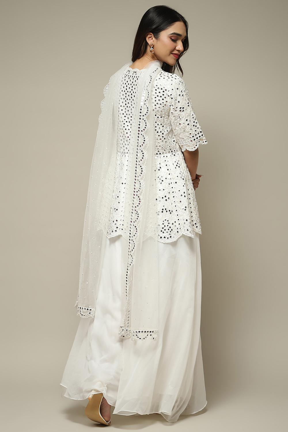 Off White Polyester Short Kurta Sharara Suit Set image number 5