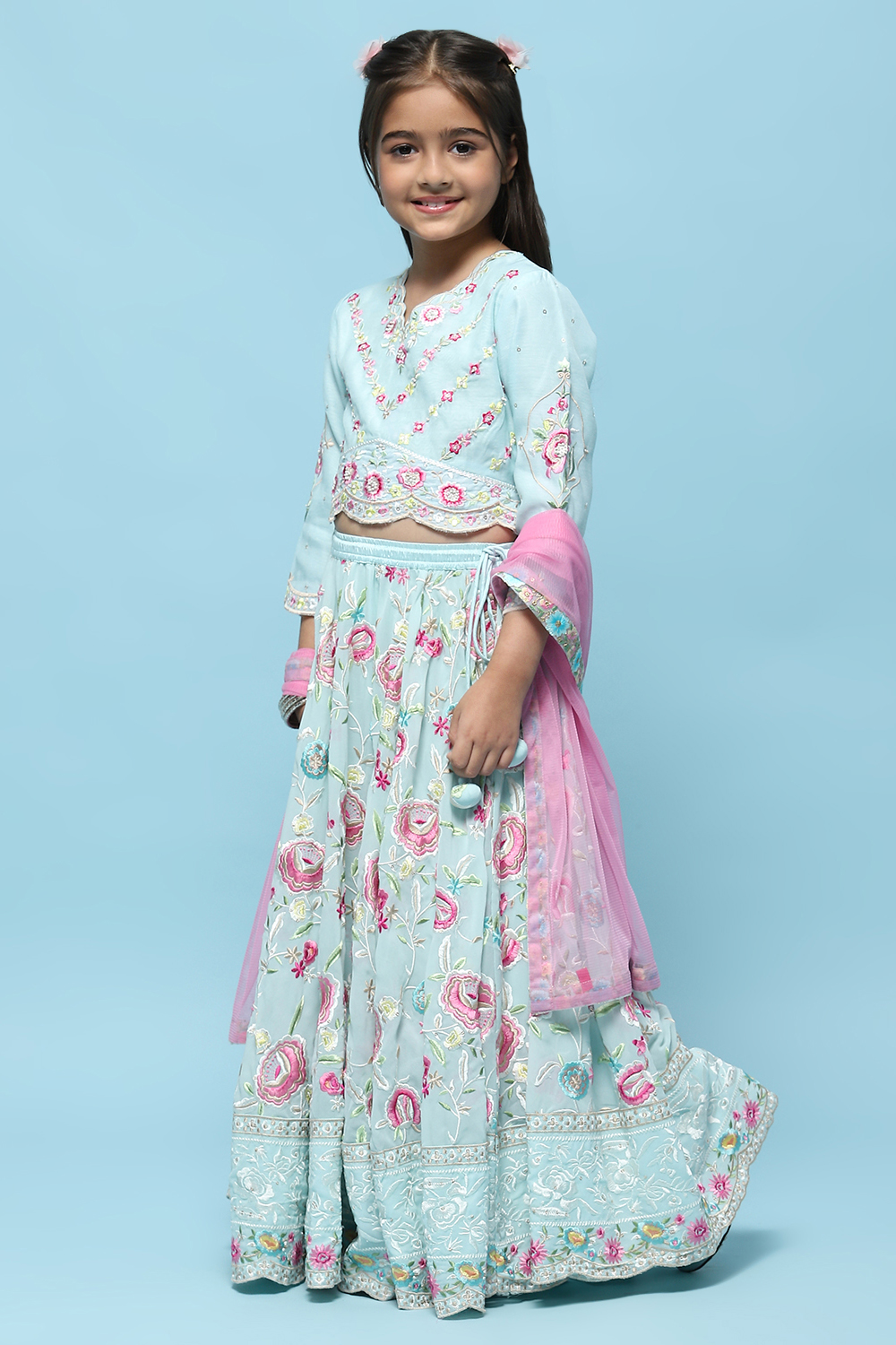 Aqua Chanderi Blouse With Georgette Lehenga & Net Dupatta  image number 4