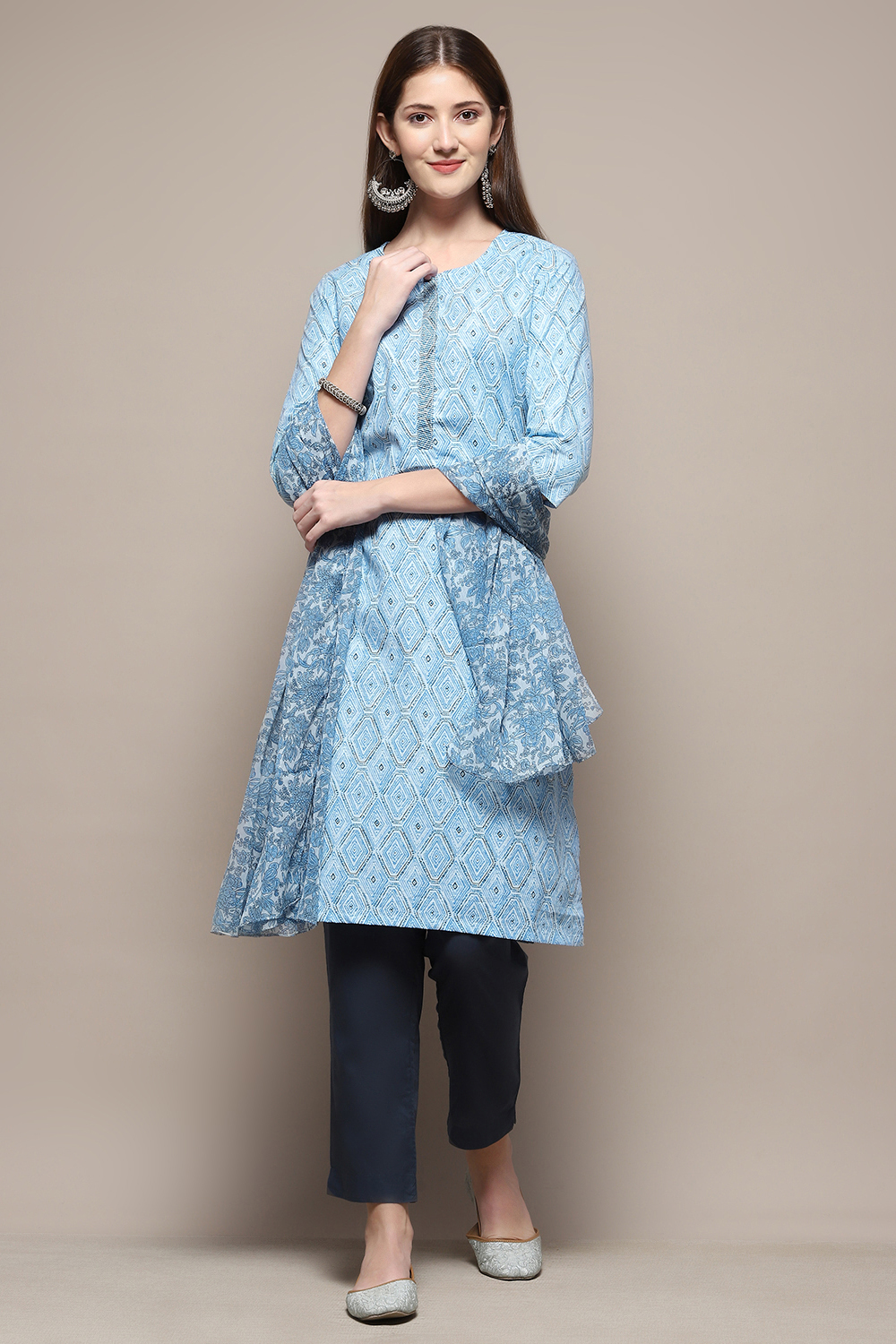 Marine Blue Printed Cotton Straight Suit Set image number 5