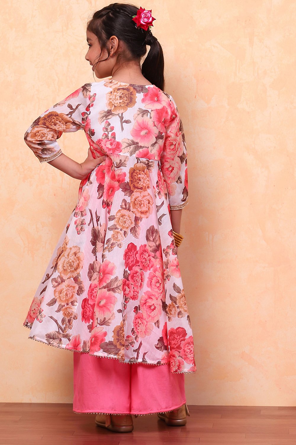 White and Pink Floral Printed Flared Festive Suit Set image number 2