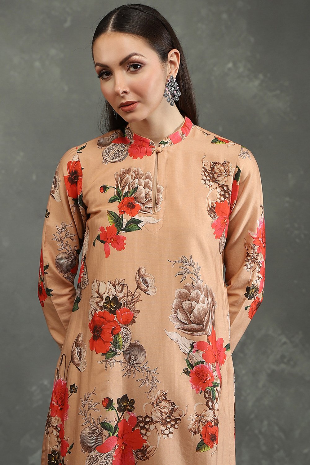 Rohit Bal Peach-Toned Silk Chanderi Floral Printed Straight Kurta Set image number 1