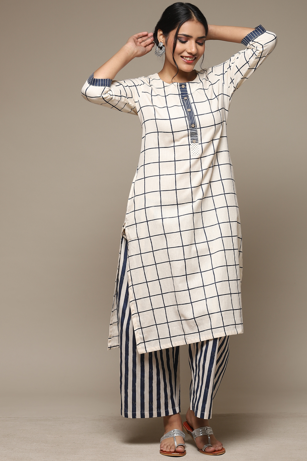 Natural & Blue Cotton Blend Straight Kurta Palazzo Suit Set image number 0