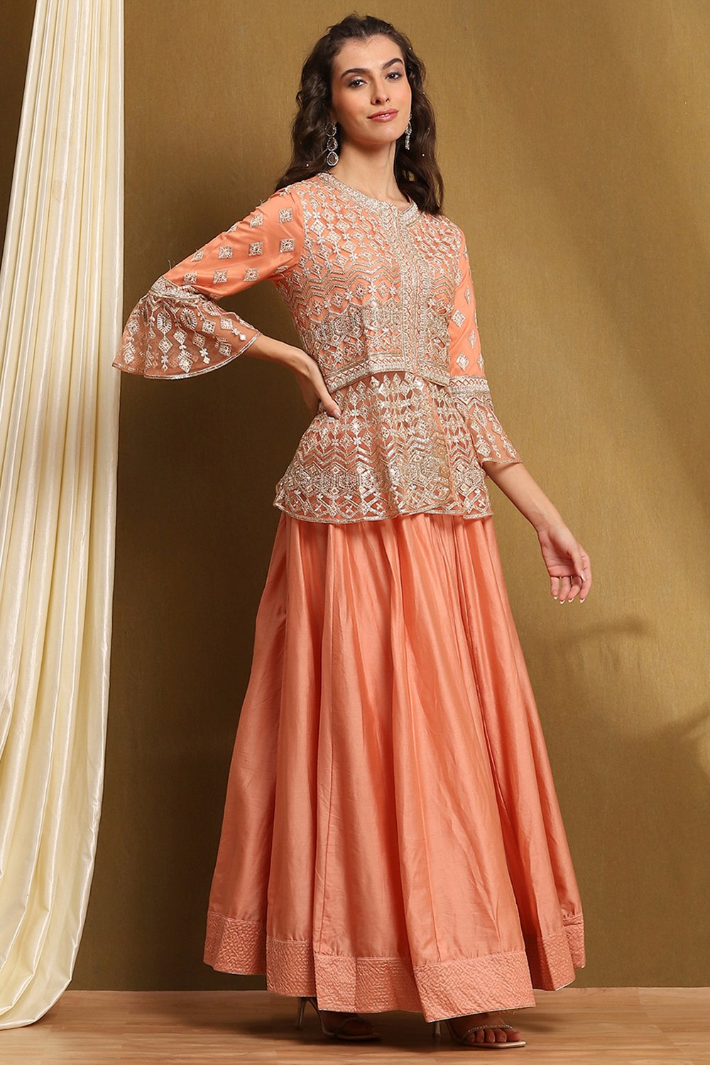 Peach Net Embroidered Peplum Kurta Lehenga Set image number 5