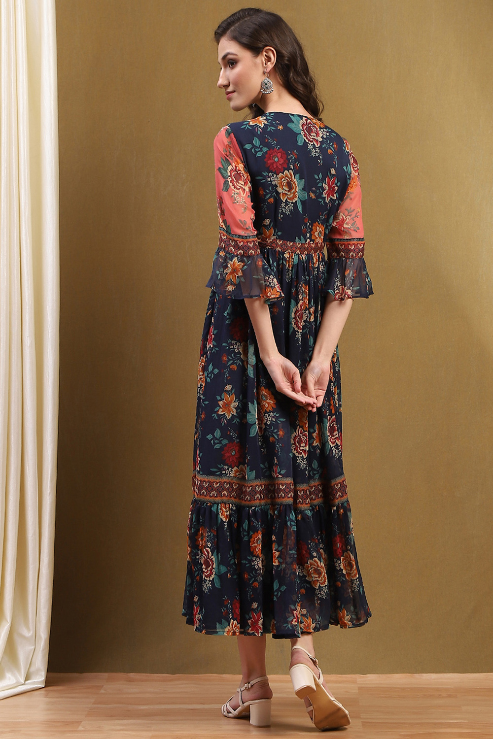 Navy Blue Hand-Blocked Floral Printed Tiered Dress image number 3