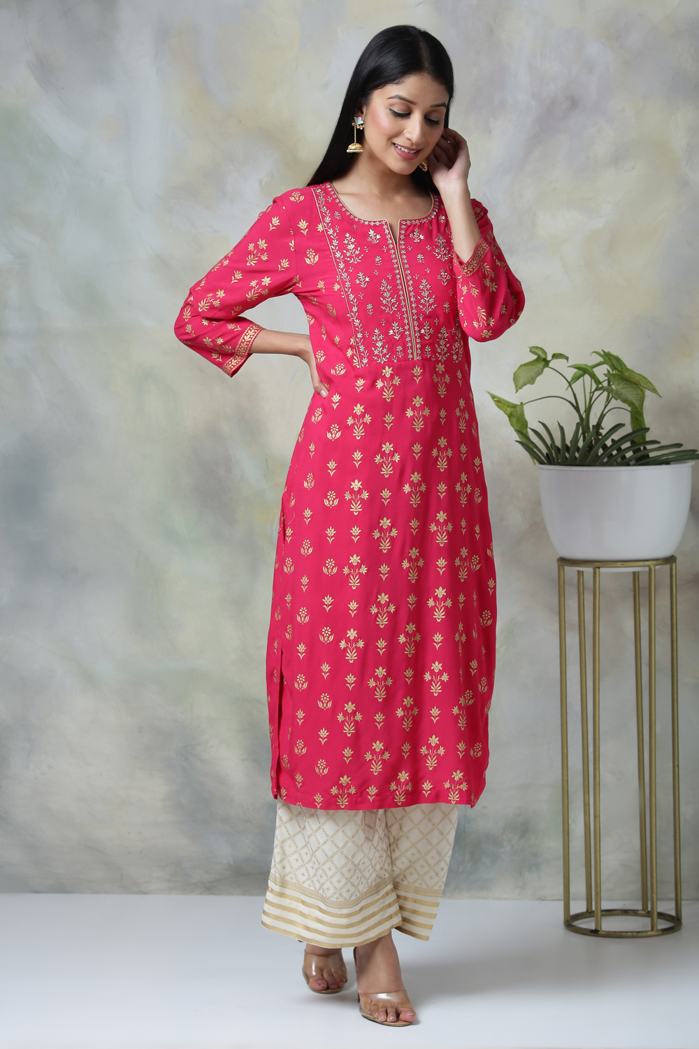 Navy Blue Rayon Straight Kurta Palazzo Suit Set image number 5