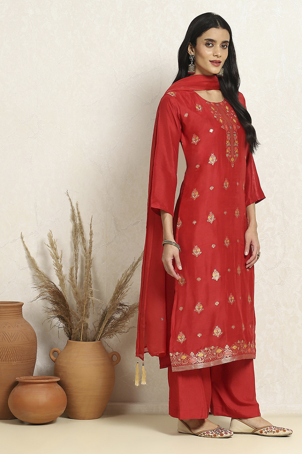 Red Viscose Silk Floral Woven Unstitched Suit Set image number 6