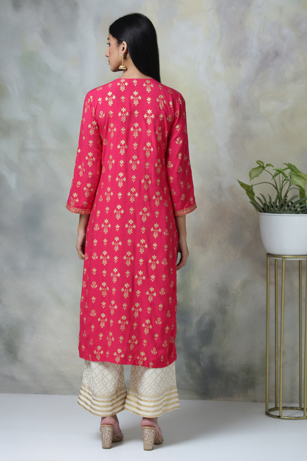 Navy Blue Rayon Straight Kurta Palazzo Suit Set image number 4