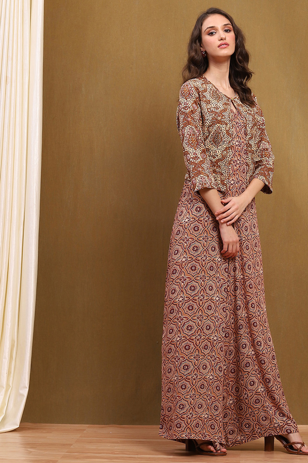 Beige Block-Printed Straight Jumpsuit image number 4