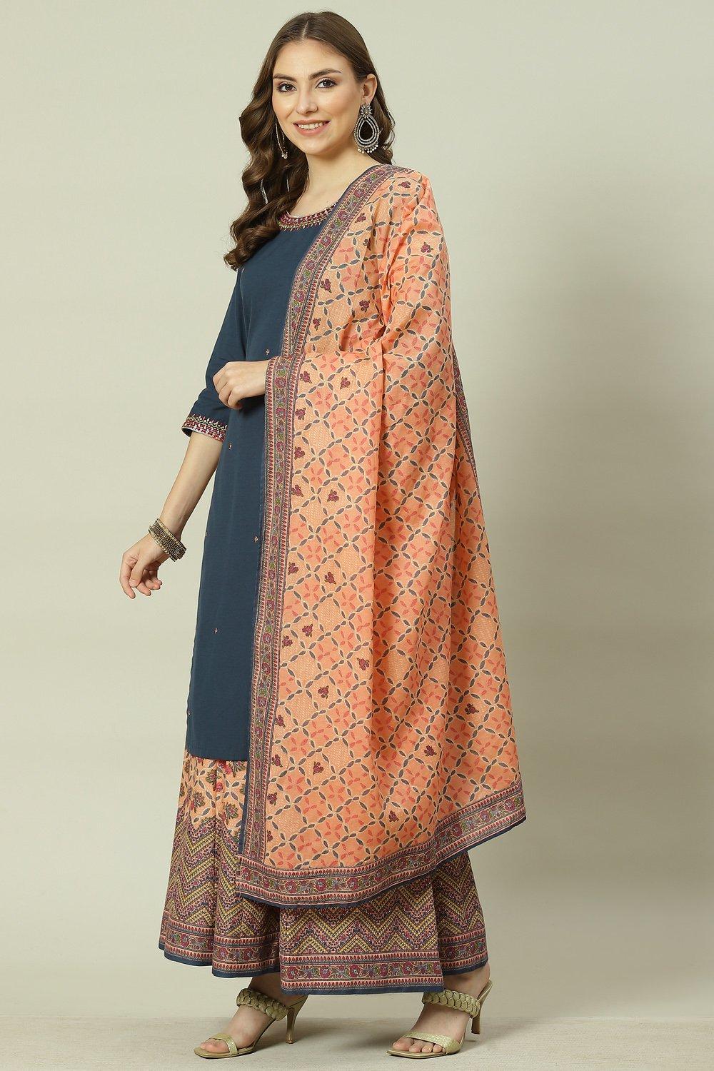 Blue Solid Cotton Straight Kurta Sharara Suit Set image number 5