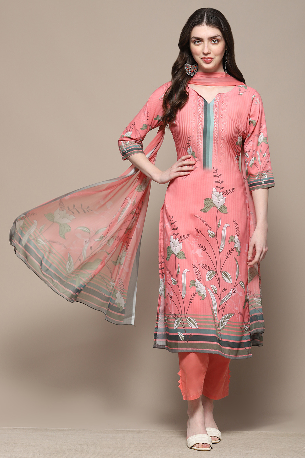 Pink Cotton Blend Floral Digital Print Unstitched Suit Set image number 1