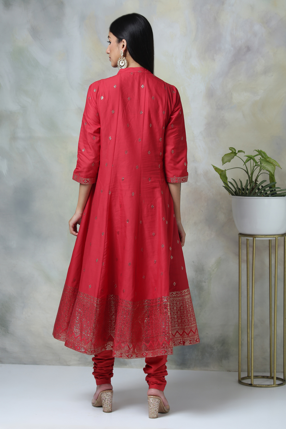 Red Cotton Kalidar Kurta Churidar Suit Set image number 7