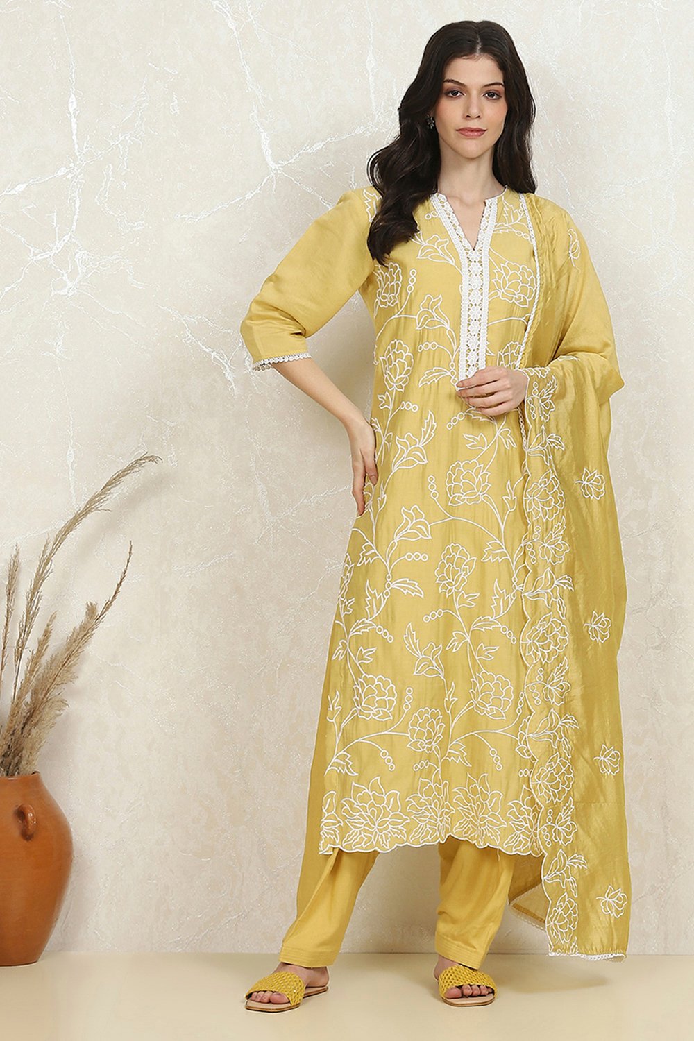 Yellow Modal Machine Embroidered Unstitched Suit Set image number 7