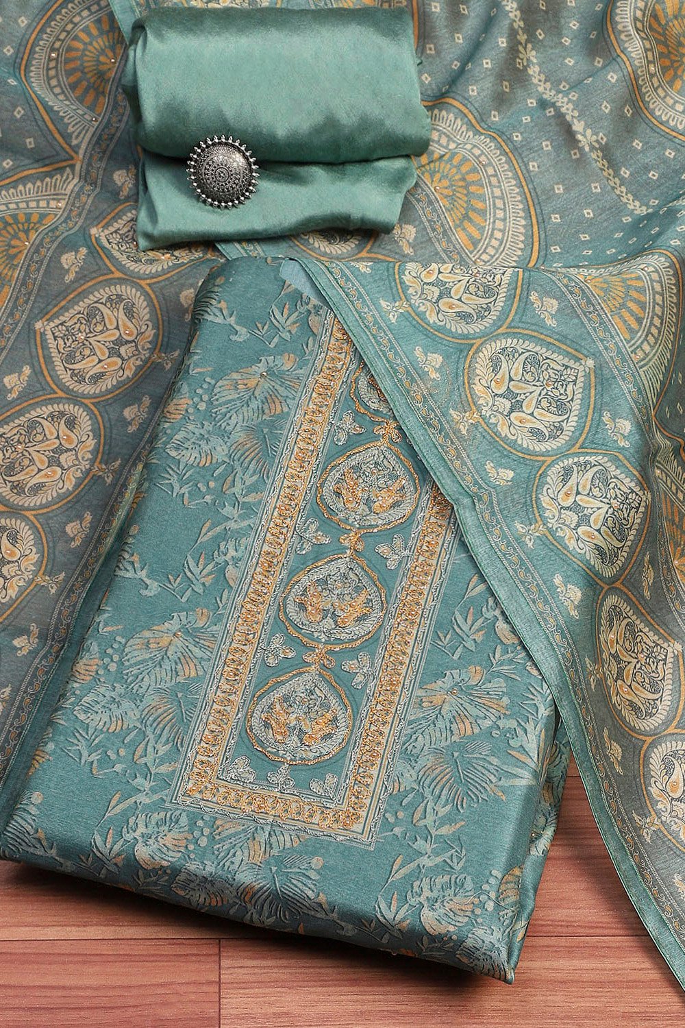 Grey Chanderi Printed Unstitched Suit Set image number 0