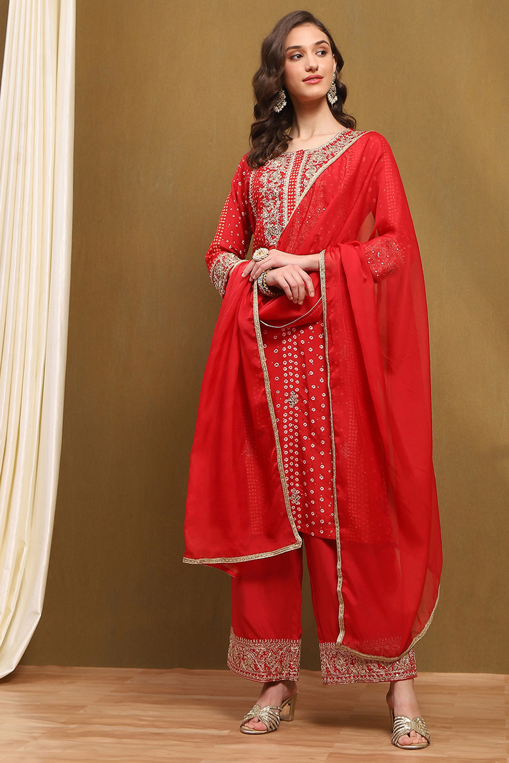 Red Modal Straight Suit Set image number 0