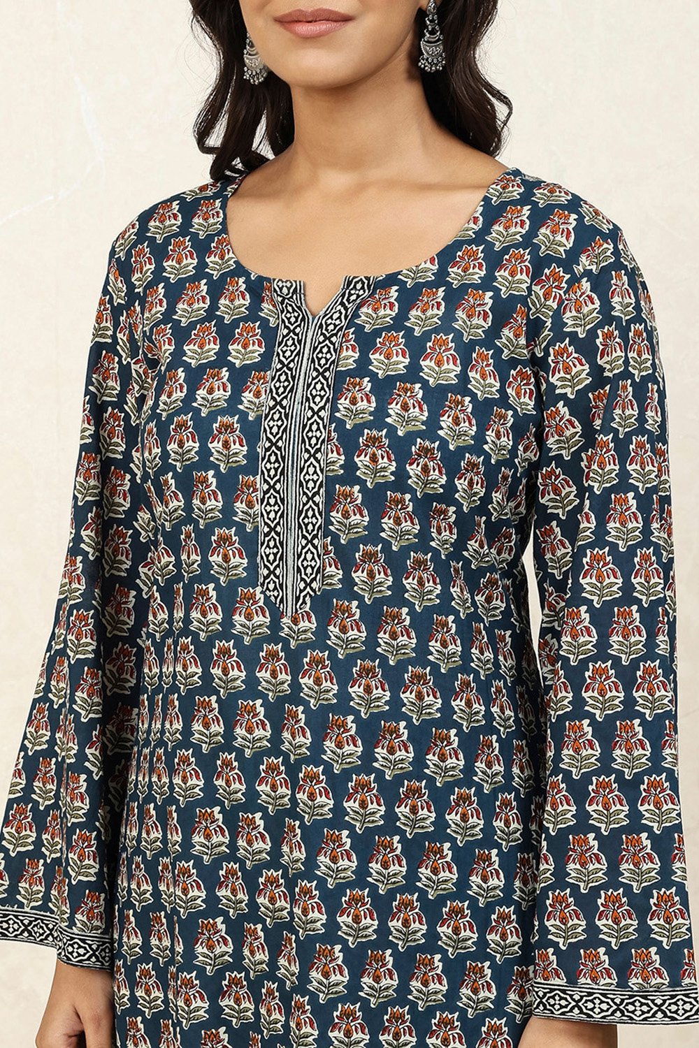 Dark Blue Cotton Printed Unstitched Suit Set image number 2