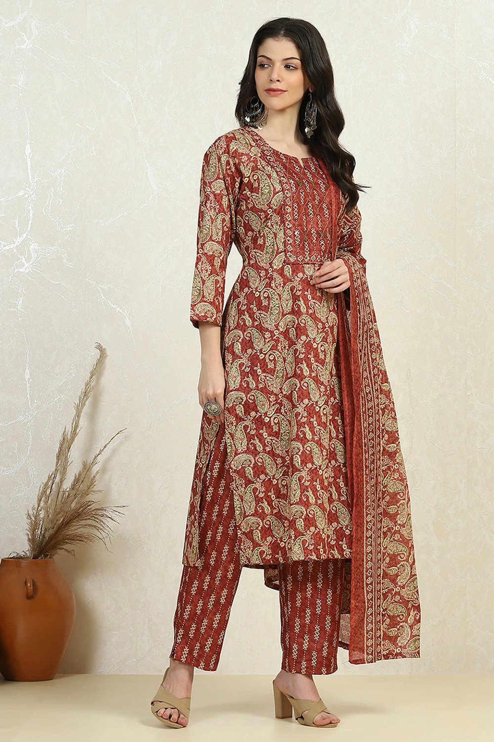 Maroon Cotton Printed Embroidered Unstitched Suit Set image number 6