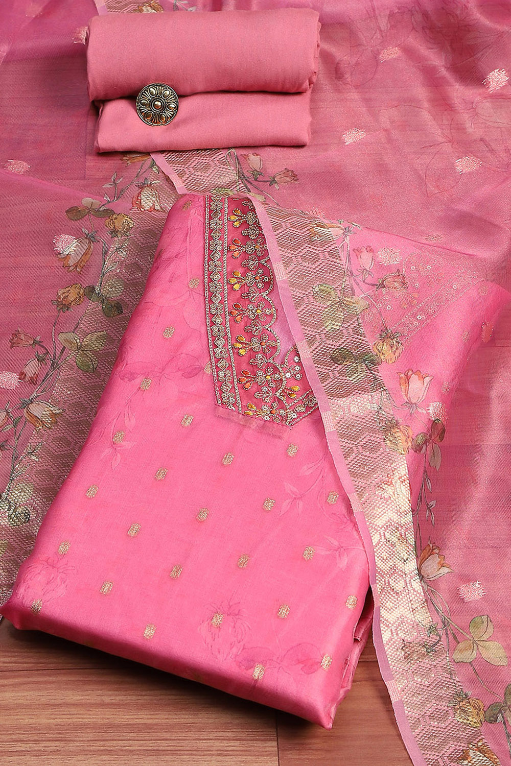 Blue Silk Blend Hand Embroidered Unstitched Suit Set image number 0