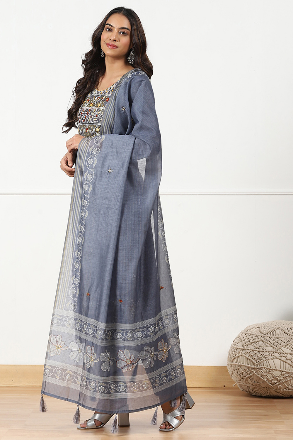 Grey Chanderi Hand Embroidered Unstitched Suit Set image number 5