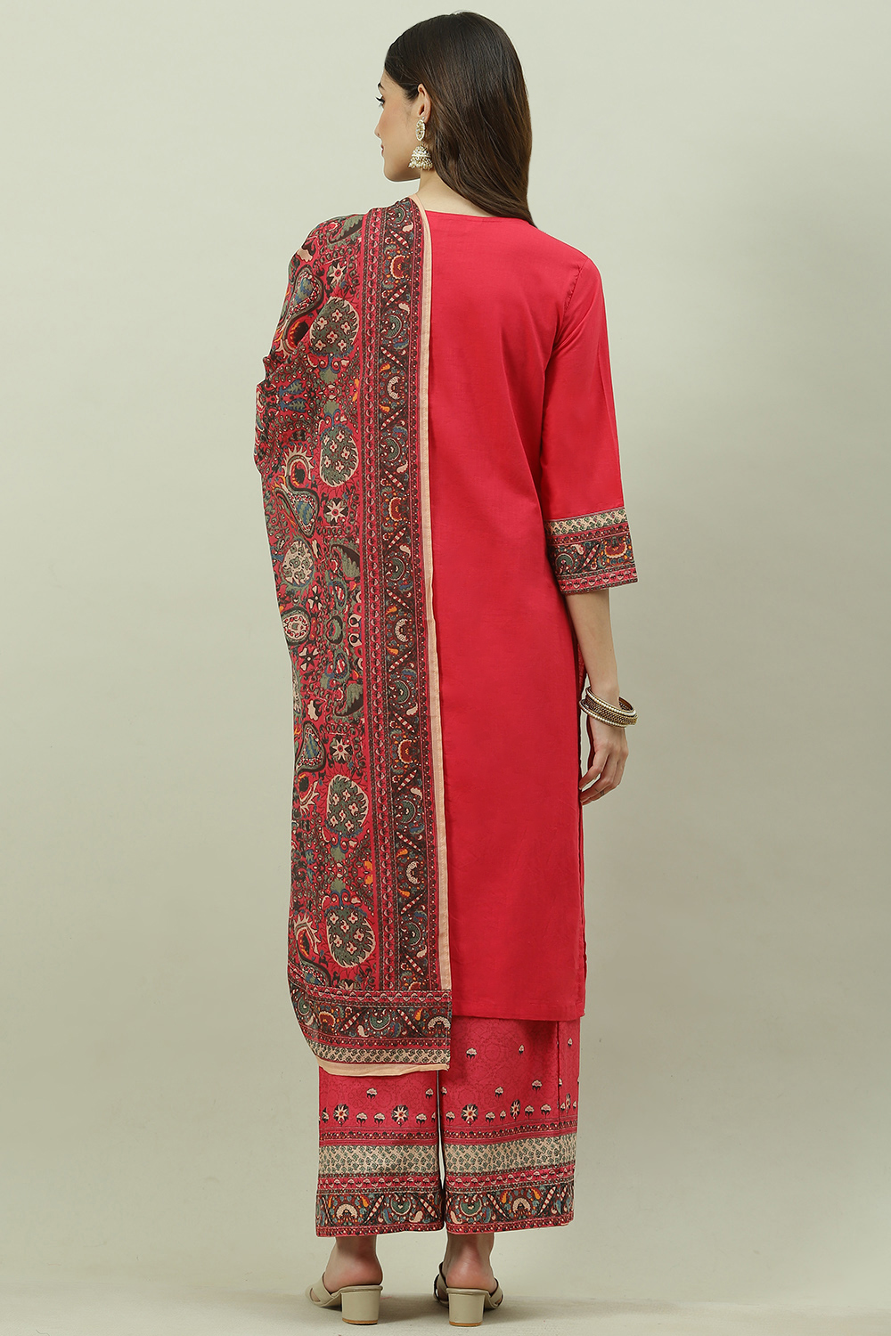 Red Cotton Straight Kurta Palazzo Suit Set image number 4