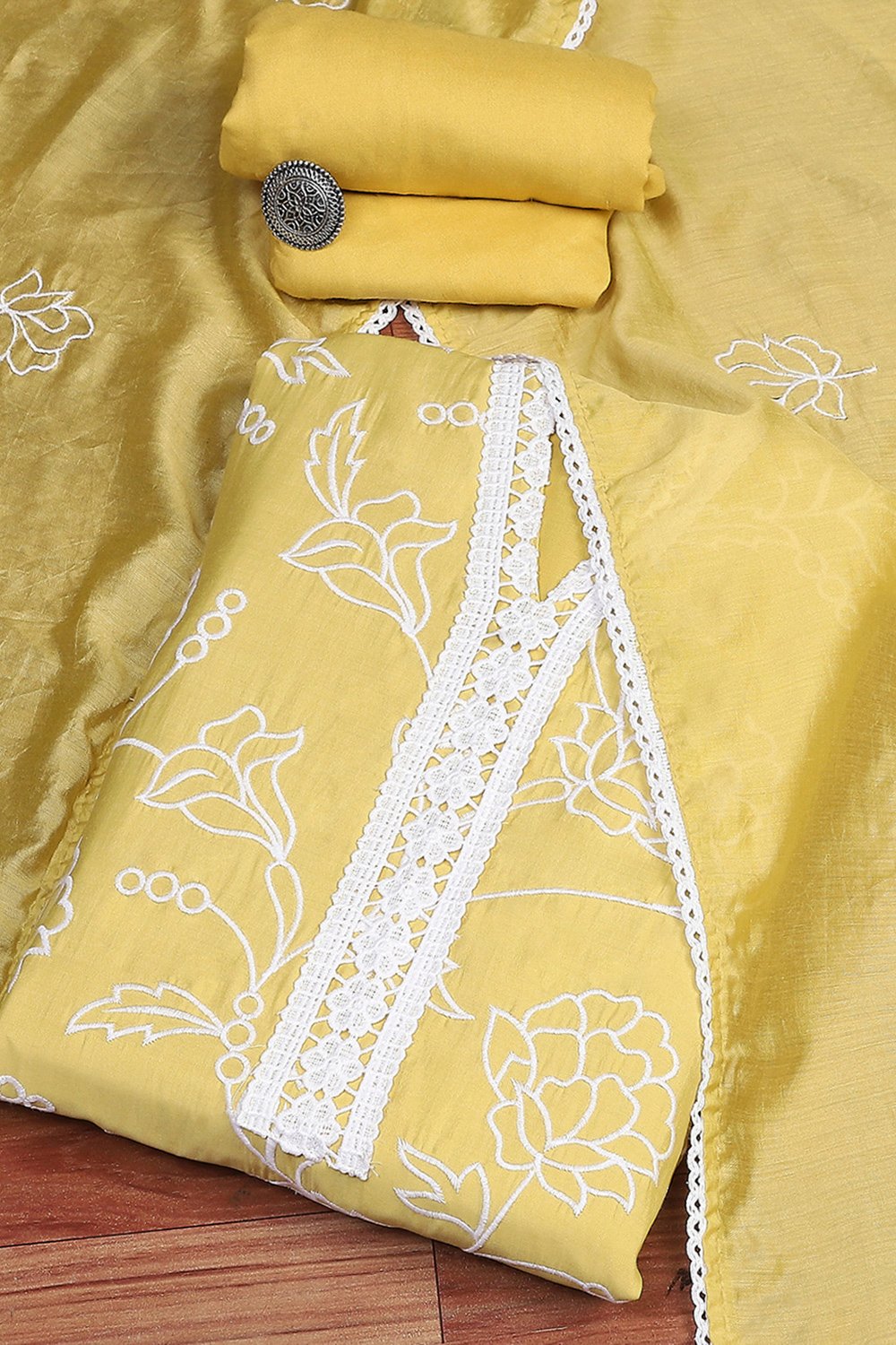 Yellow Modal Machine Embroidered Unstitched Suit Set image number 0