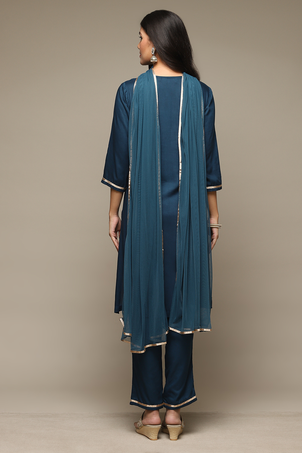 Teal Rayon Straight Kurta Pants Suit Set image number 4