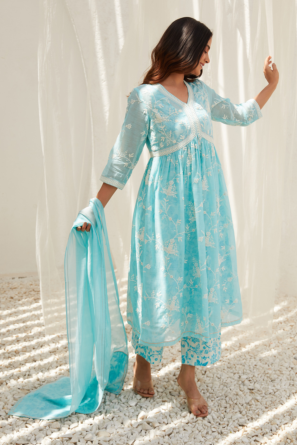 Aqua Cotton Gathered Kurta & Palazzo Suit Set image number 3