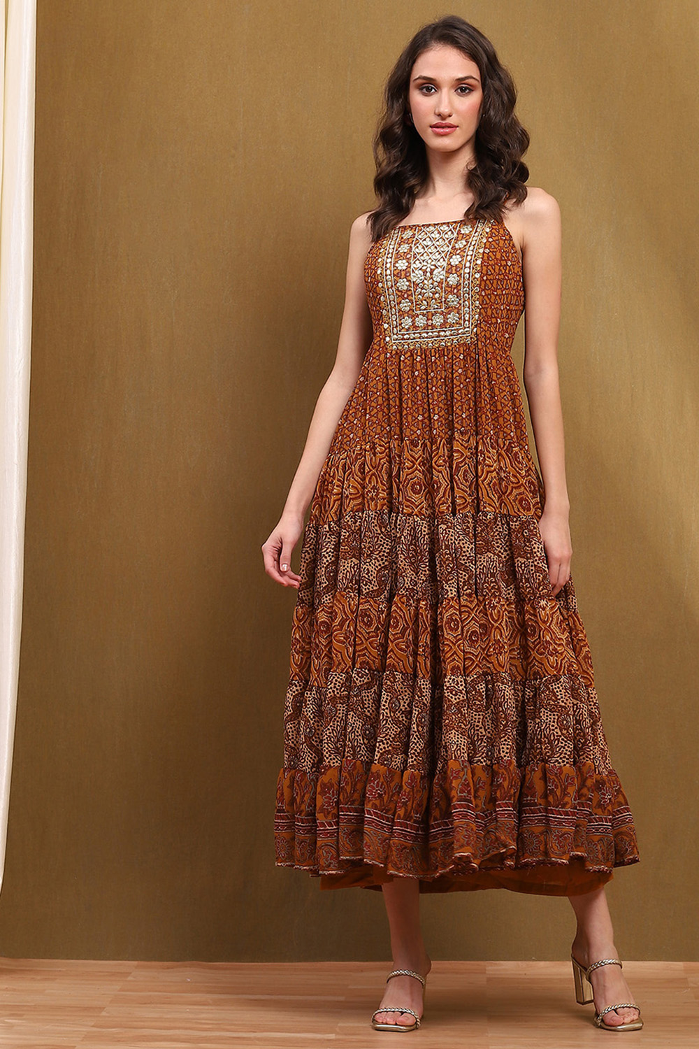 Beige Georgette Block Printed Strappy Flared Tiered Dress image number 5