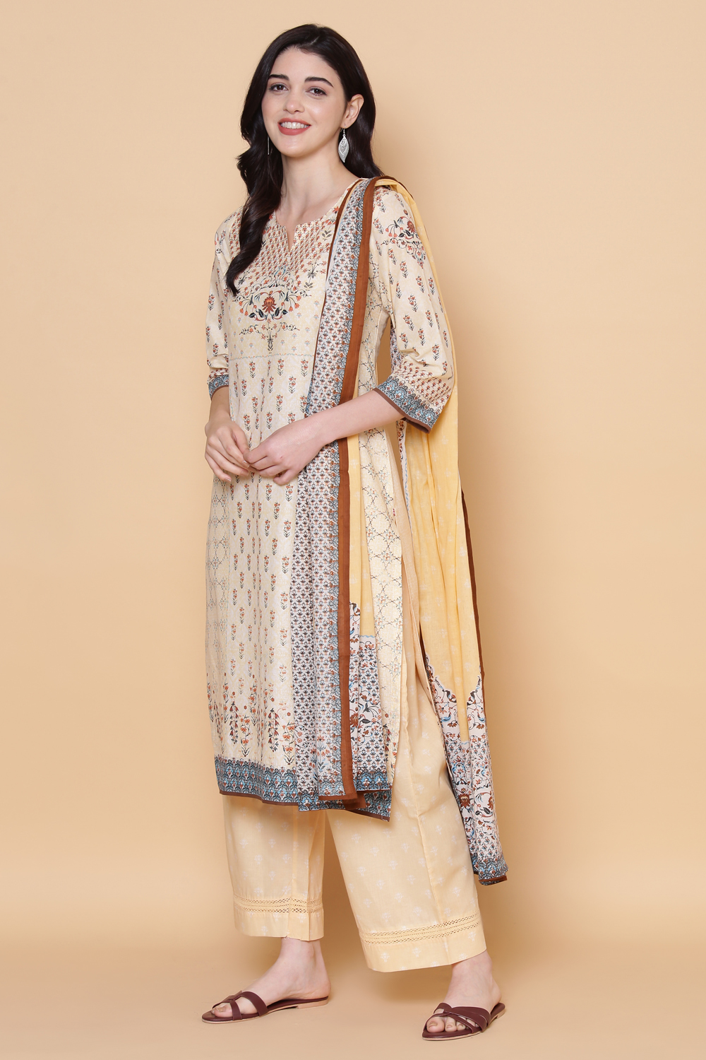 Beige Cotton Straight Kurta Palazzo Suit Set image number 5