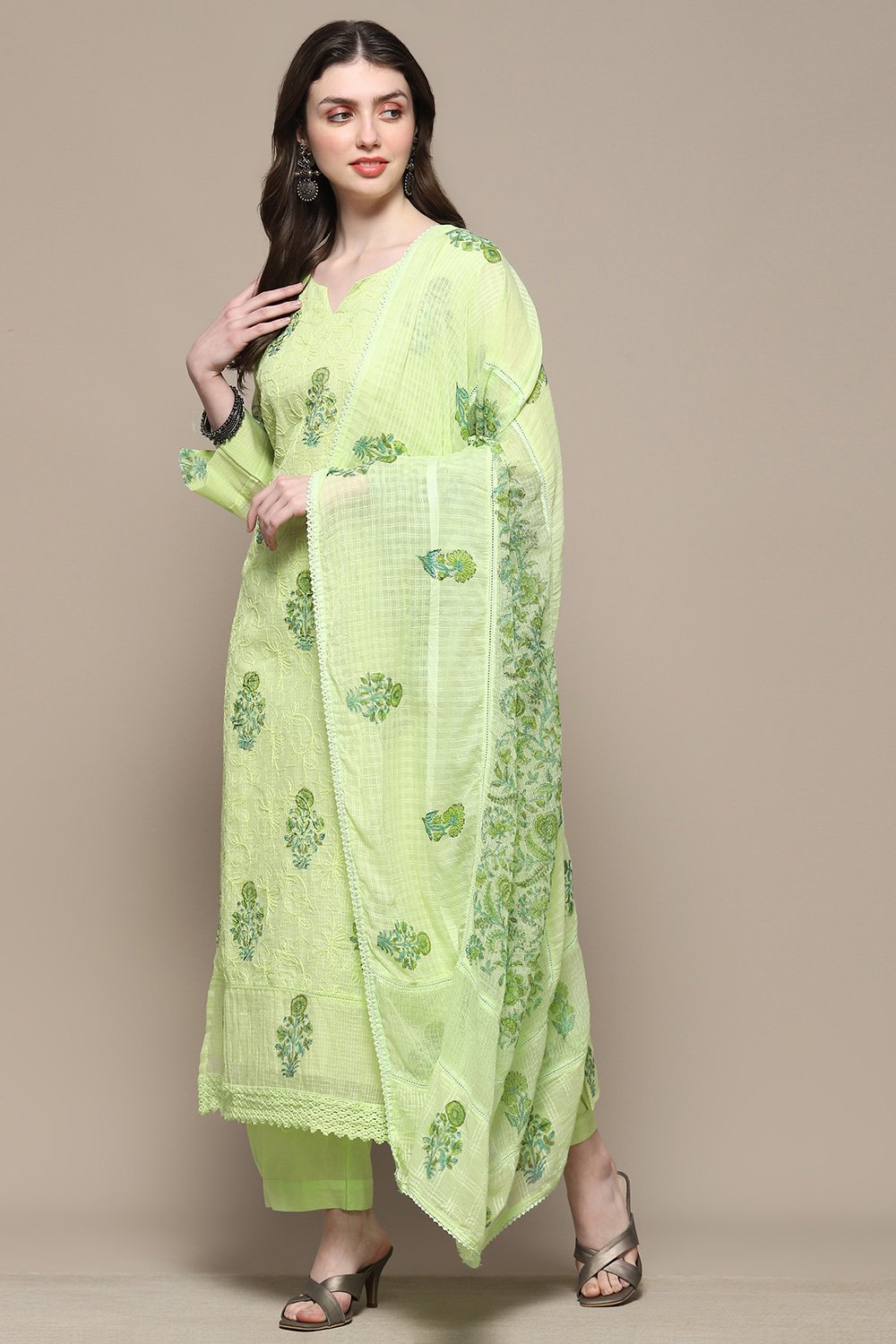 Pista Green Cotton Blend Unstitched Suit set image number 5