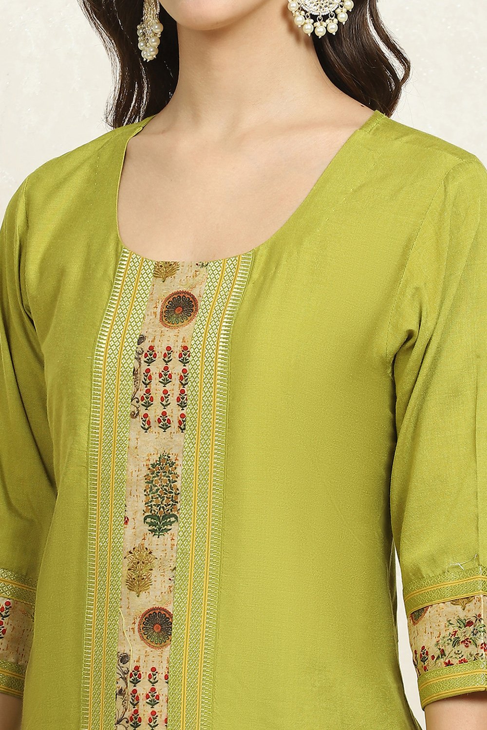 Green Cotton Handloom Unstitched Suit Set image number 2