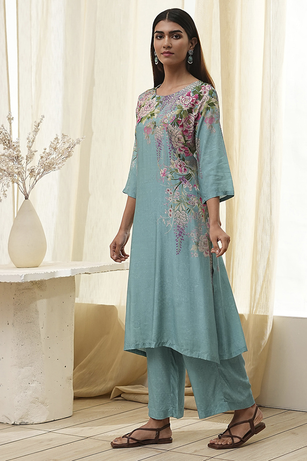 Blue Modal Blend Straight Suit Set image number 3