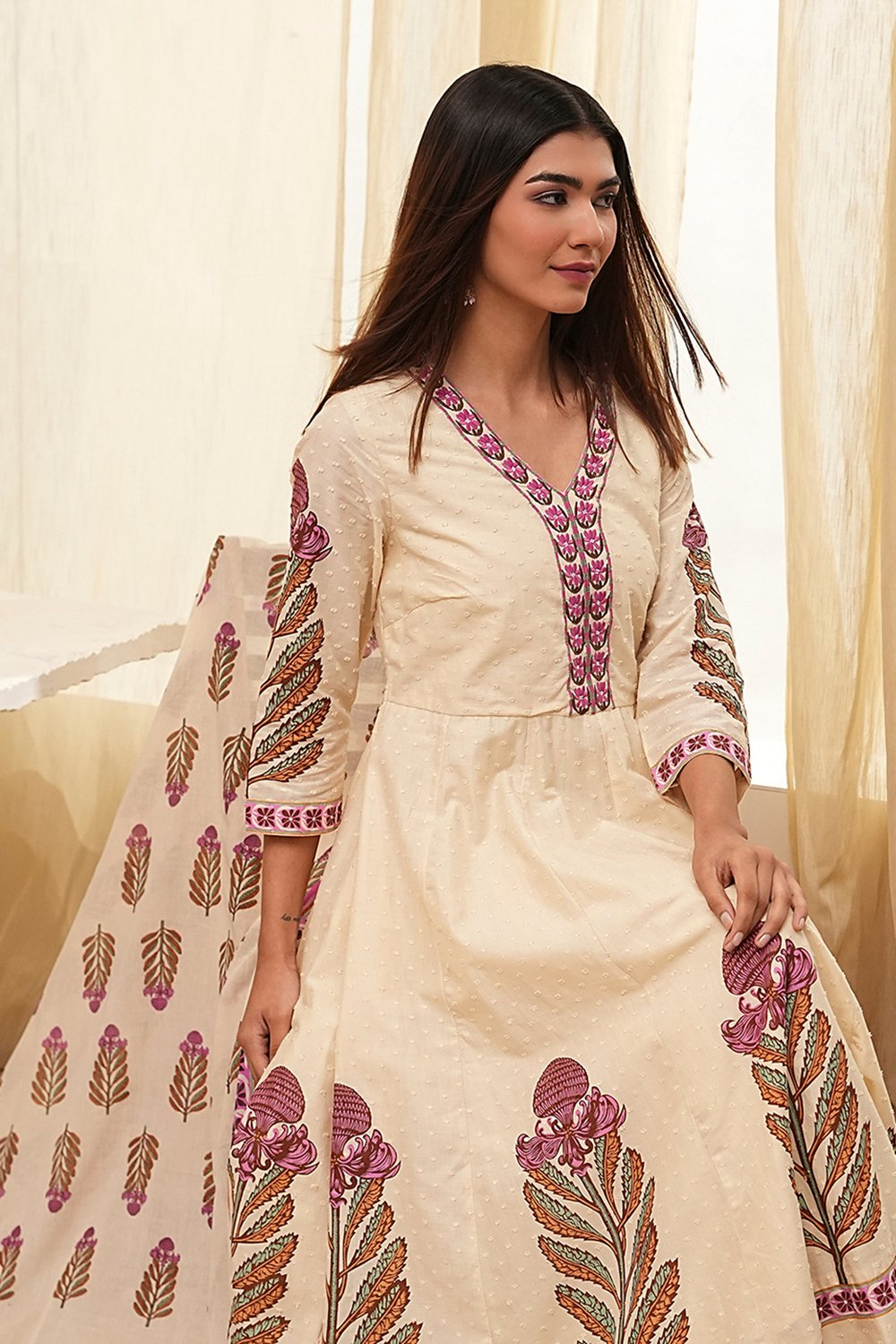 Beige Cotton Printed Anarkali Suit Set image number 7