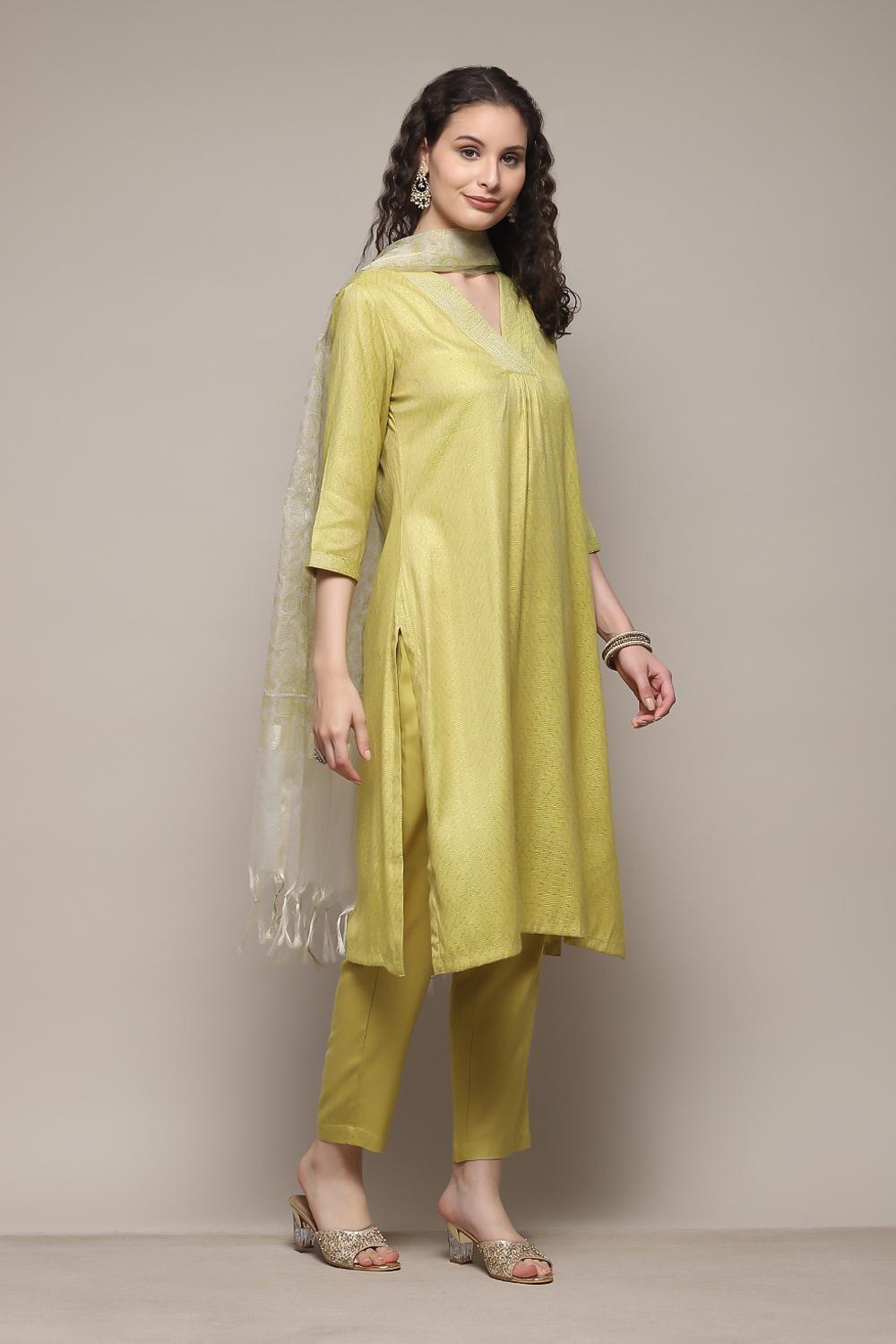 Lime Green LIVA Straight Kurta Pant Suit Set image number 6