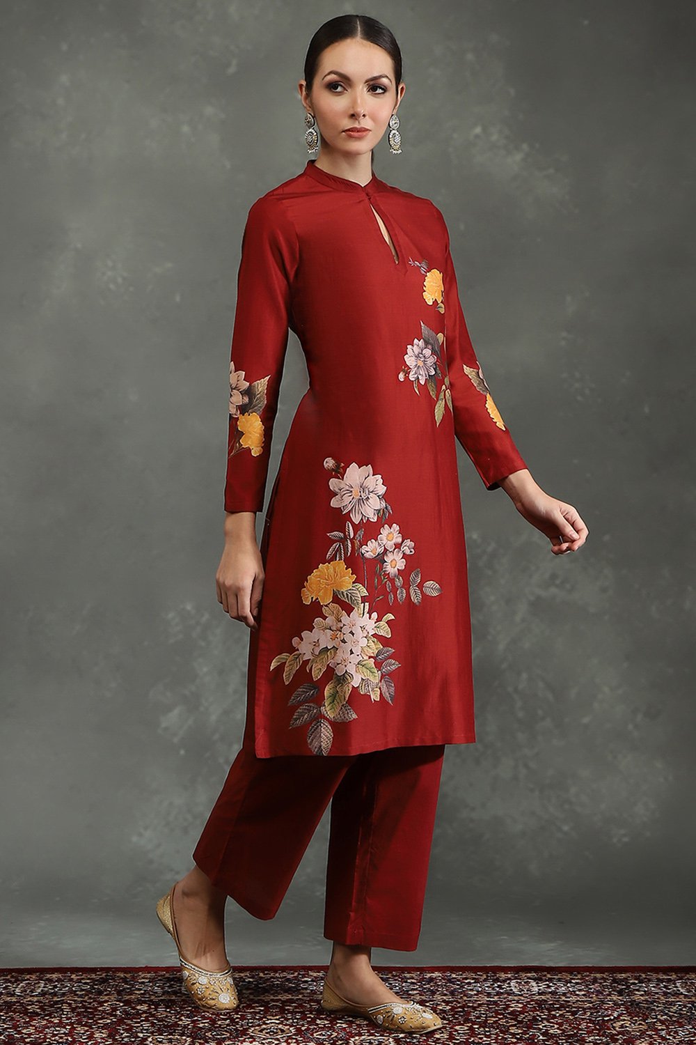 Rohit Bal Maroon Silk Chanderi Floral Printed Straight Kurta Set image number 5