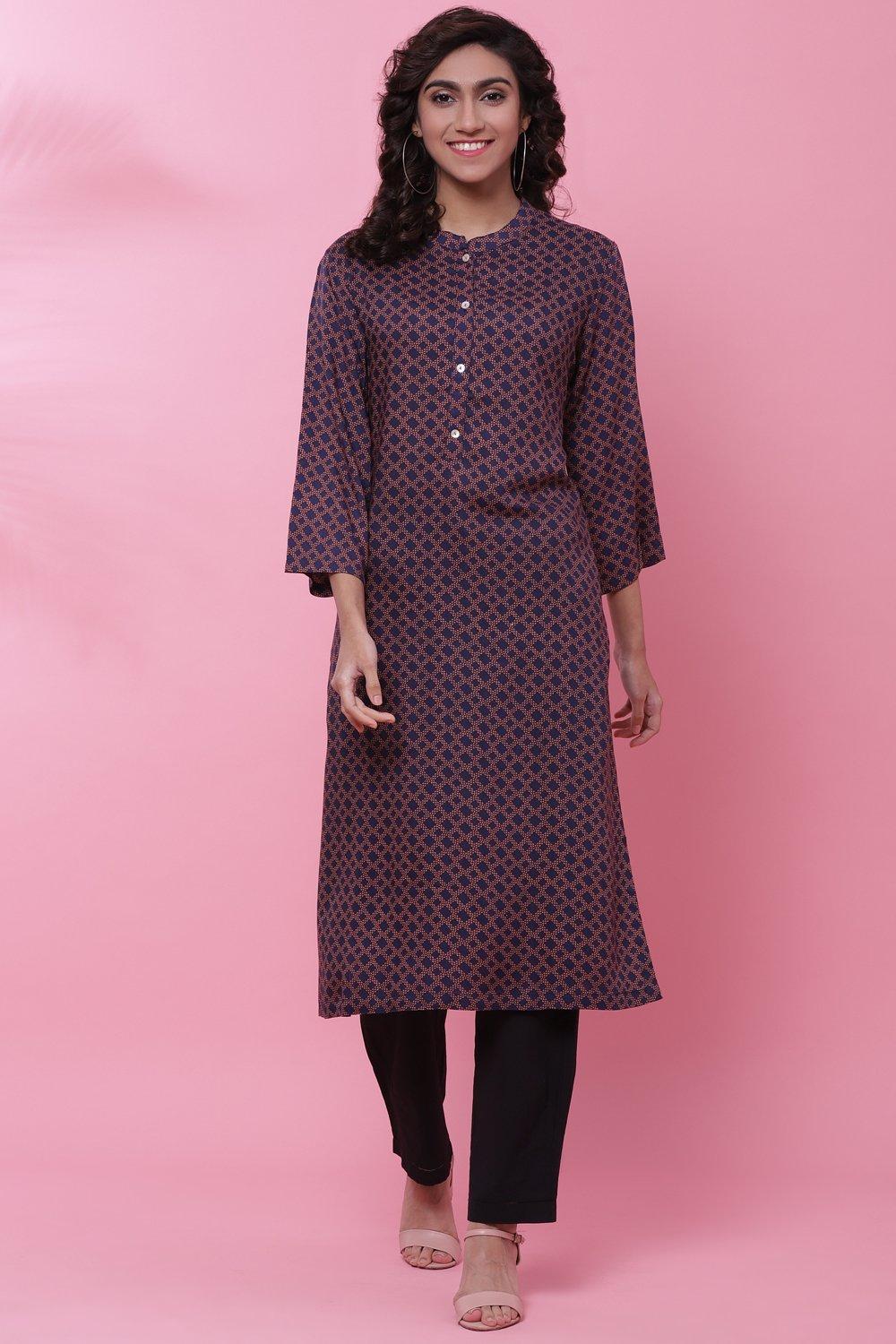 Blue Rayon A-Line Printed Kurta image number 0