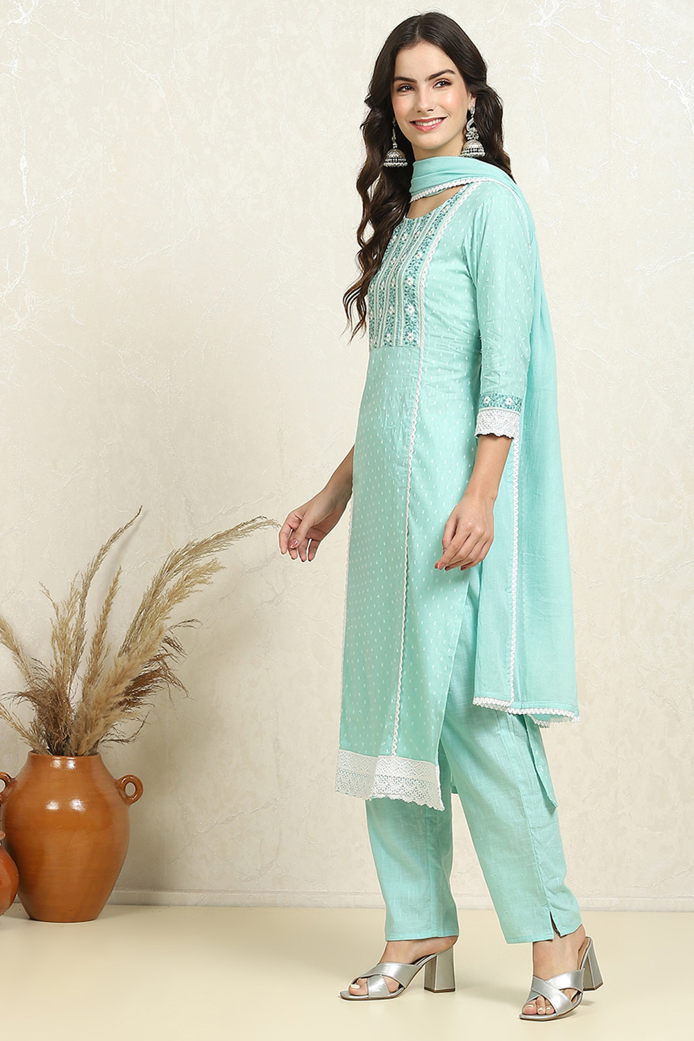 Blue Cotton Handloom Unstitched Suit Set image number 4