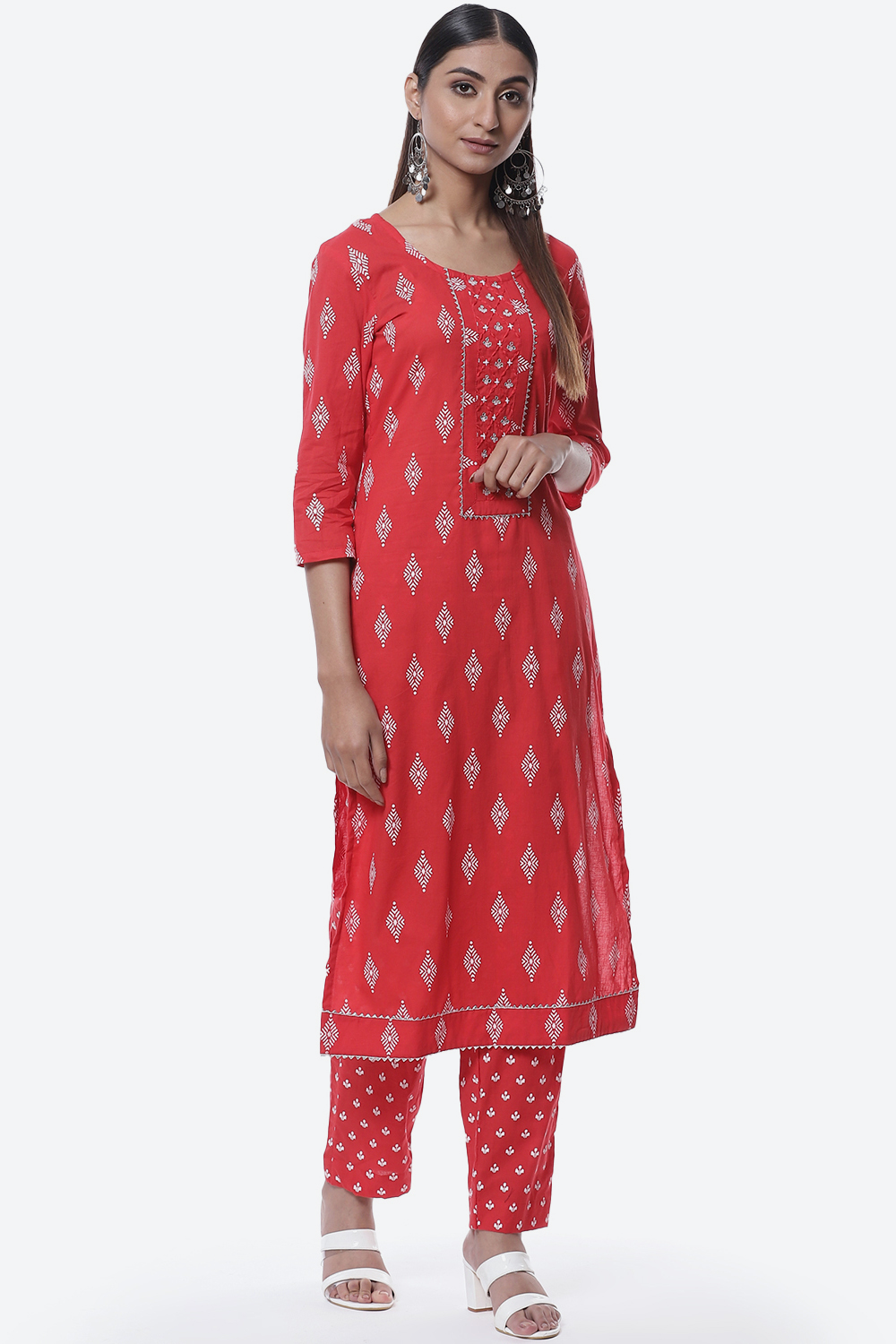 Buy Red Cotton Hand Embroidered Unstitched Suit Set For N A0 0 Biba India