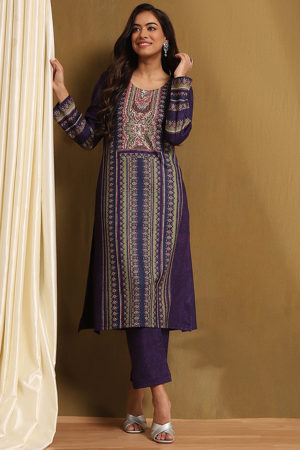 Purple Polyester Blend Straight Kurta Pants Set image number 0