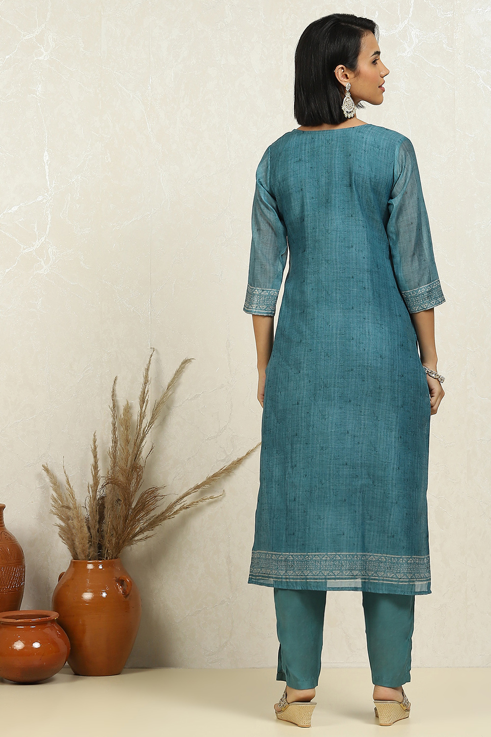 Blue Chanderi Hand Embroidered Unstitched Suit Set image number 3