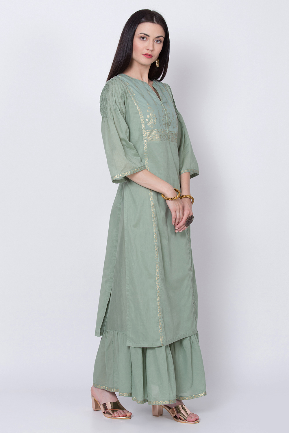 Green Cotton Flared Printed Kurta image number 3