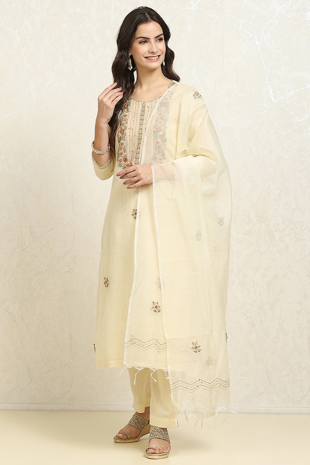 Beige Cotton Blend Machine Embroidered Unstitched Suit Set image number 1