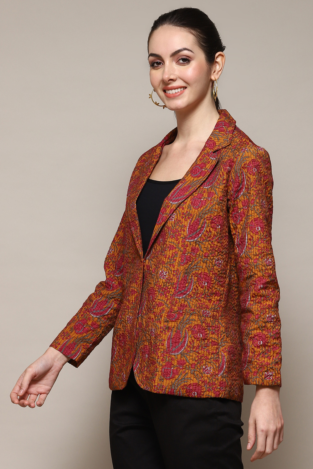 Mustard Poly Viscose Straight Printed Jacket image number 2