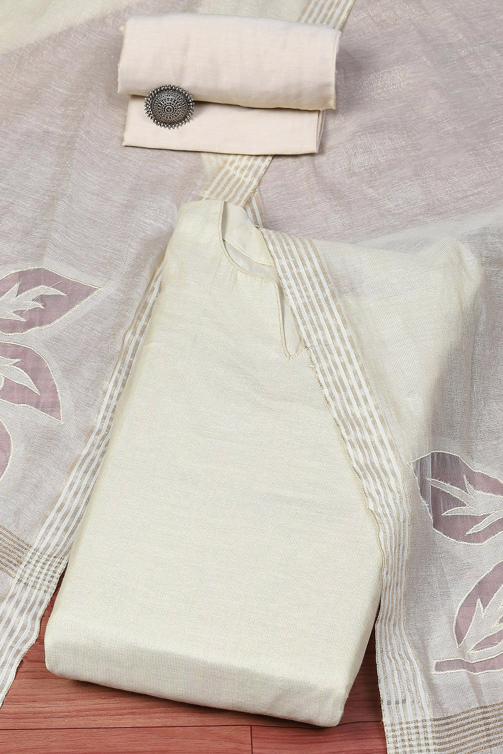 Off White Tissue Unstitched Suit set image number 0