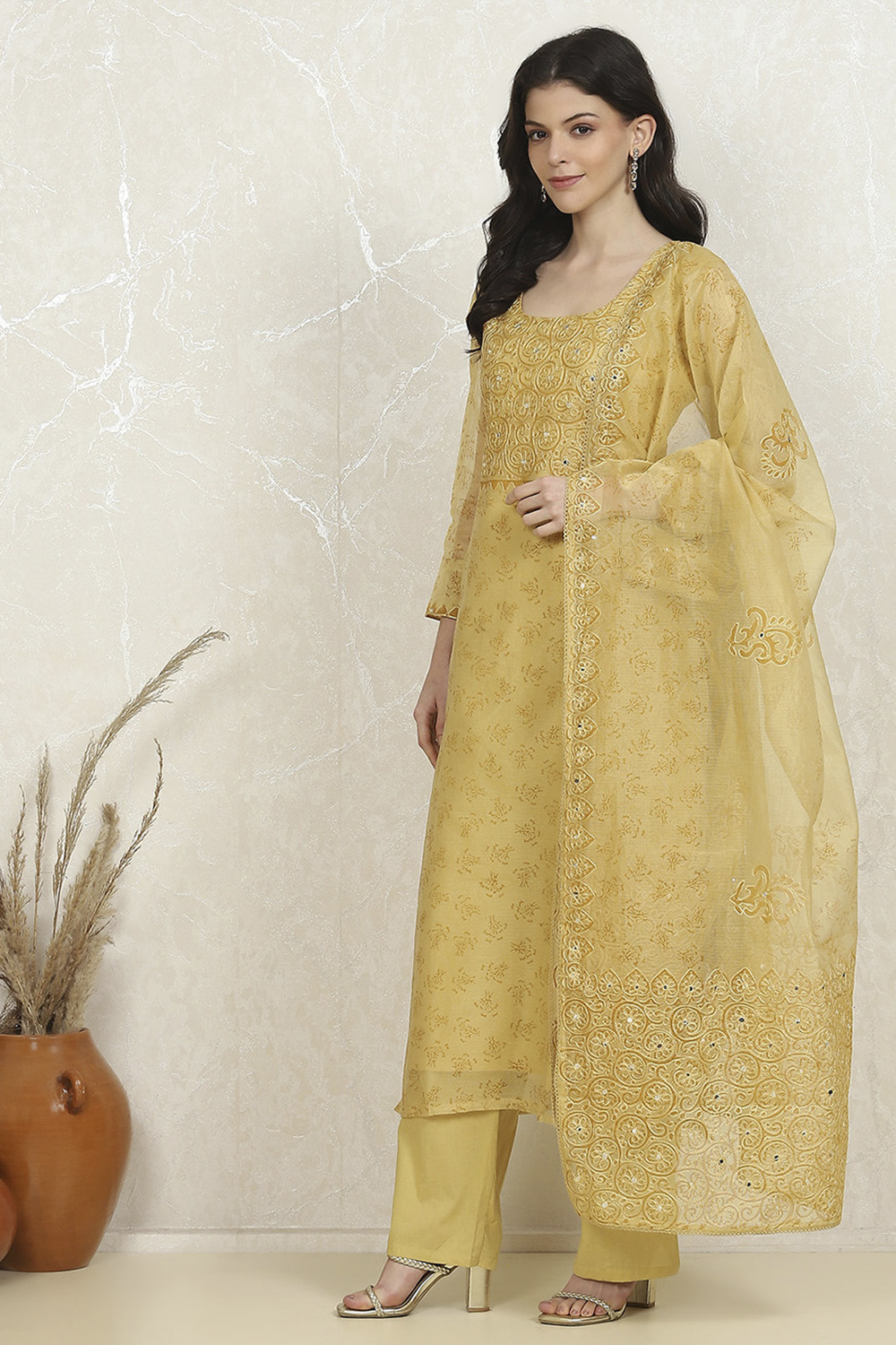 Mustard Net Hand Embroidered Unstitched Suit Set image number 4