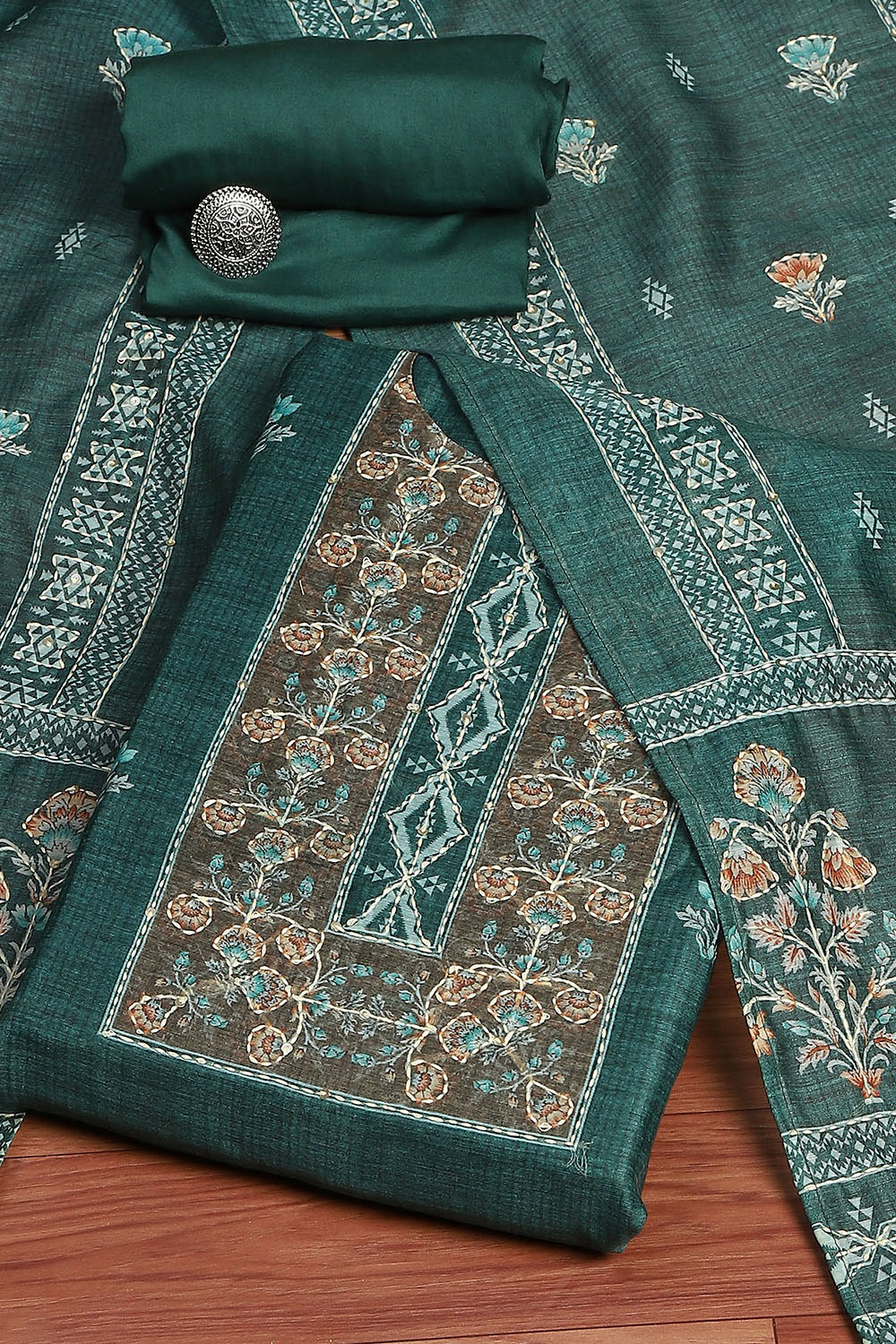 Teal Chanderi Katha Work Unstitched Suit Set image number 0