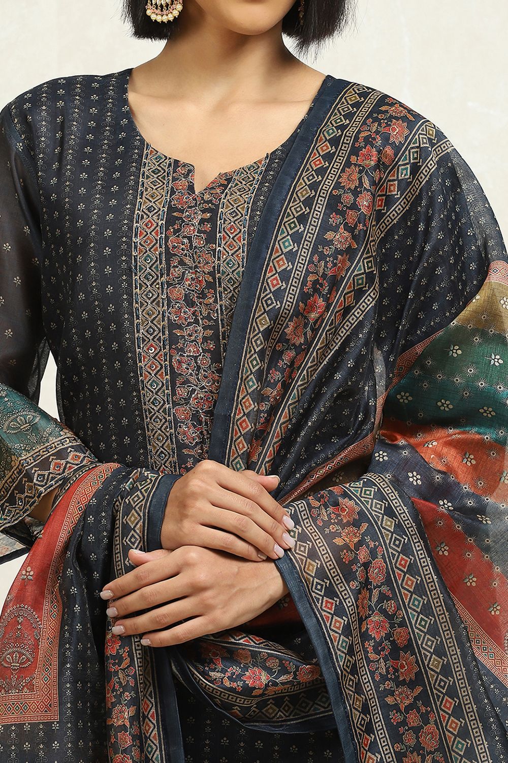 Blue Chanderi Floral Printed Unstitched Suit Set image number 2